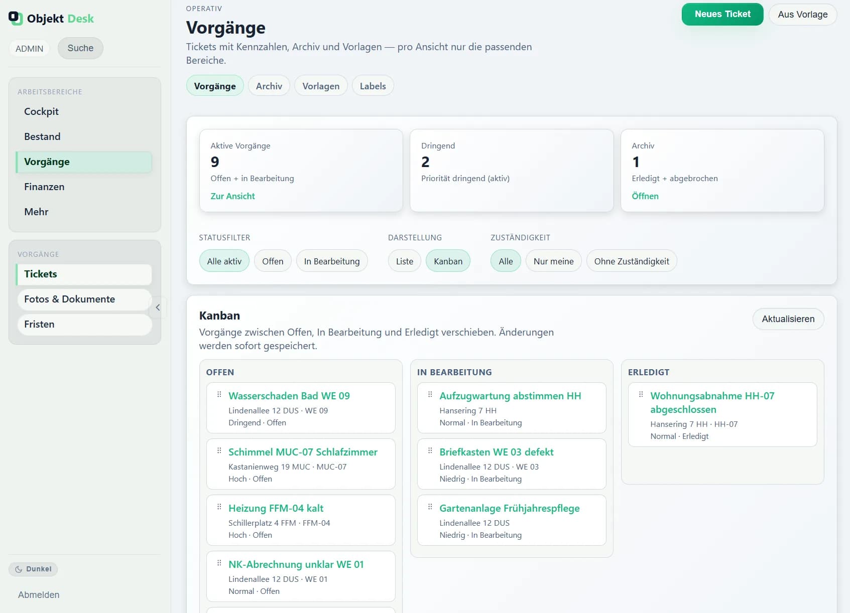 ObjektDesk Mängelmelder und Ticket-Kanban mit Status-Spalten